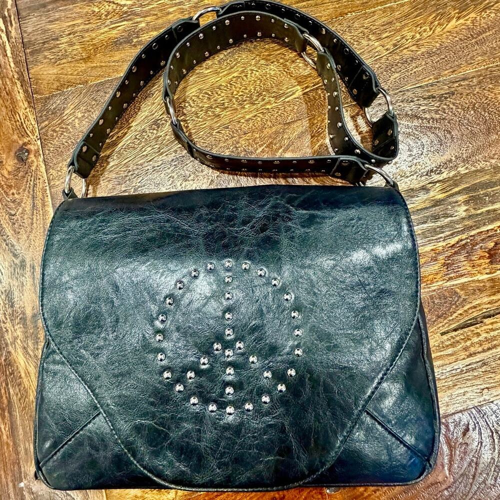 Susan Nichole Vegan Leather Peace Sign Studded Crossbody Messenger Bag